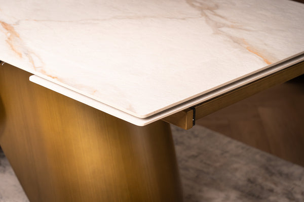 Nemesis Extendable Italian Sintered Stone Dining Table in White Concrete Gold Marble Look 180-220-260 cm