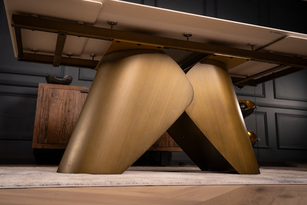 Nemesis Extendable Italian Sintered Stone Dining Table in White Concrete Gold Marble Look 180-220-260 cm