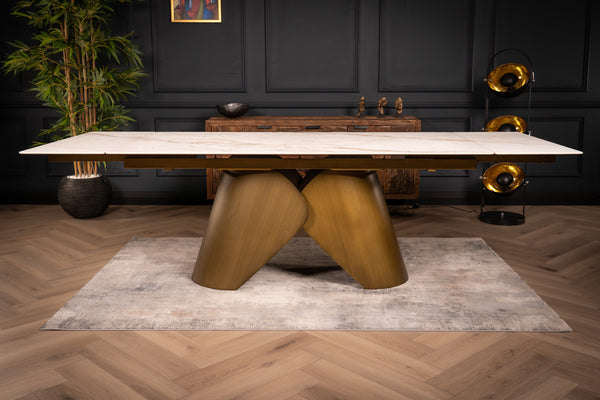 Nemesis Extendable Italian Sintered Stone Dining Table in White Concrete Gold Marble Look 180-220-260 cm