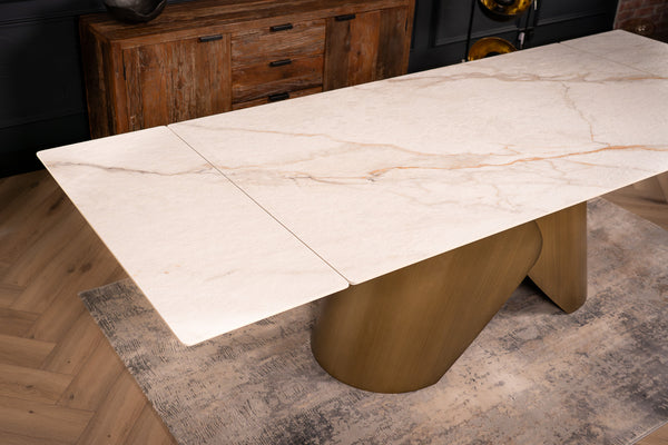 Nemesis Extendable Italian Sintered Stone Dining Table in White Concrete Gold Marble Look 180-220-260 cm