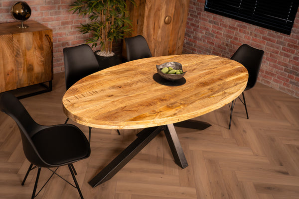 Galaxie Industrial Design Natural Mango Wood Oval Dining Table with Black Spider Legs 160 cm