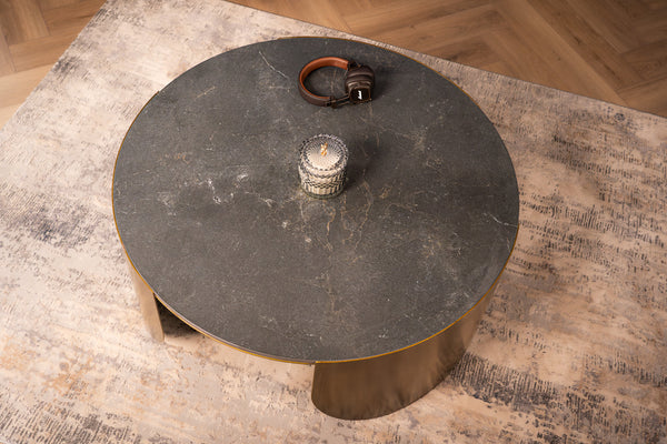 Petroio Italian Sintered Stone Round Coffee Table in Marble Look Black Diamond 90 cm