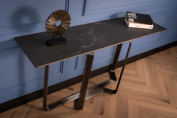 Bassano Italian Sintered Stone Console Table in Black Diamond Grey Marble Look 160 cm