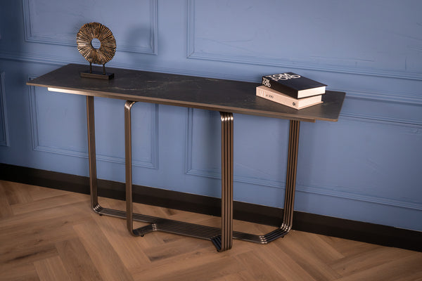 Bassano Italian Sintered Stone Console Table in Black Diamond Grey Marble Look 160 cm