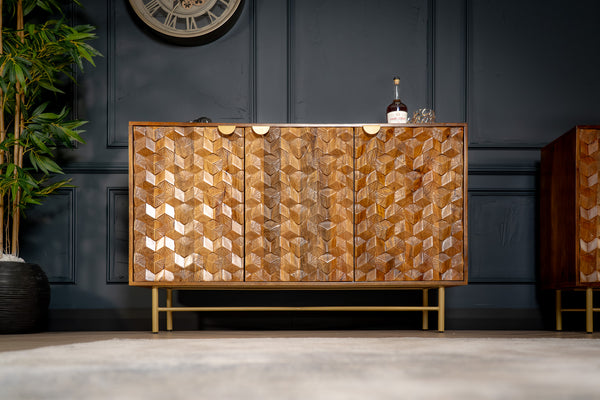 Wooden Gem Art Deco Solid Mango Wood Sideboard with Golden Frame 145 cm