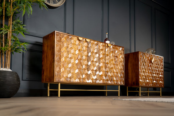 Wooden Gem Art Deco Solid Mango Wood Sideboard with Golden Frame 145 cm