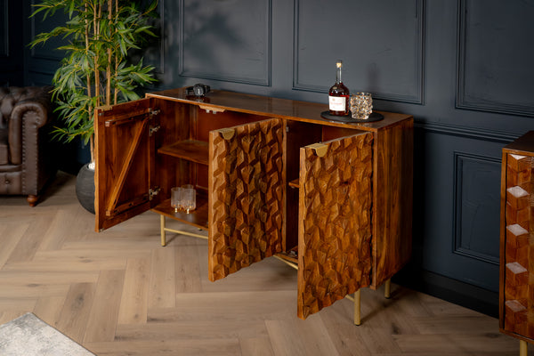 Wooden Gem Art Deco Solid Mango Wood Sideboard with Golden Frame 145 cm