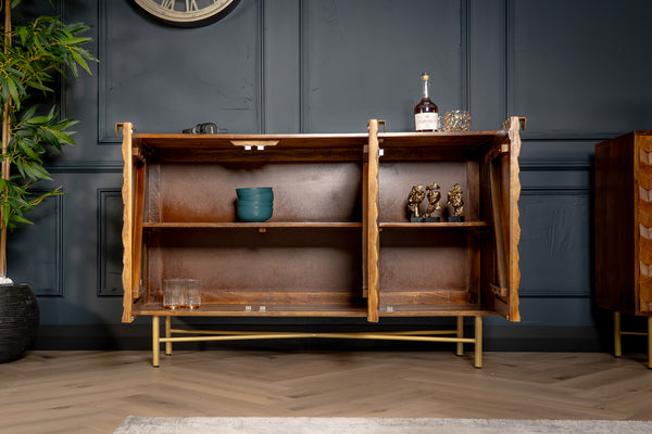 Wooden Gem Art Deco Solid Mango Wood Sideboard with Golden Frame 145 cm