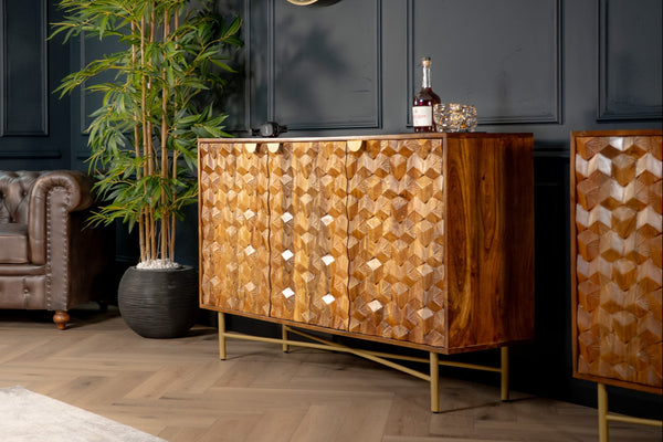 Wooden Gem Art Deco Solid Mango Wood Sideboard with Golden Frame 145 cm