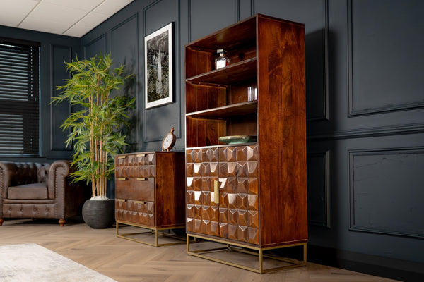 Memento Solid Mango Wood Highboard Bar Cabinet Bookshelf in Dark Brown with Golden Frame 155 cm