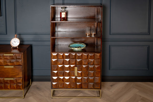 Memento Solid Mango Wood Highboard Bar Cabinet Bookshelf in Dark Brown with Golden Frame 155 cm