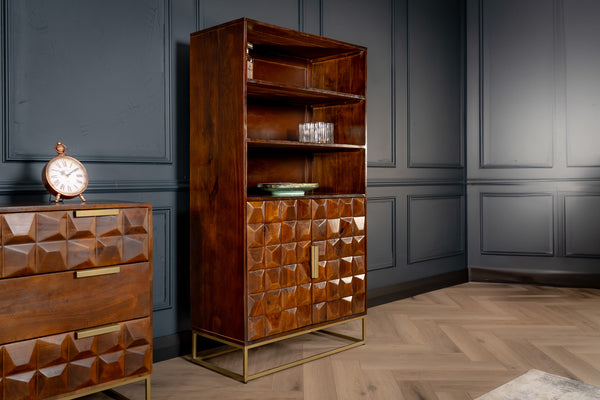 Memento Solid Mango Wood Highboard Bar Cabinet Bookshelf in Dark Brown with Golden Frame 155 cm