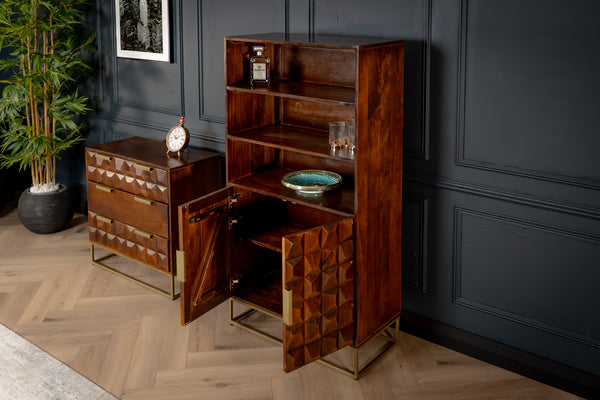 Memento Solid Mango Wood Highboard Bar Cabinet Bookshelf in Dark Brown with Golden Frame 155 cm