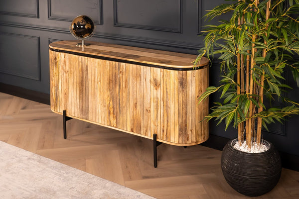 Reno Flute Art Deco Design Solid Mango Wood Sideboard with 4 Doors and Black Trim 160 cm
