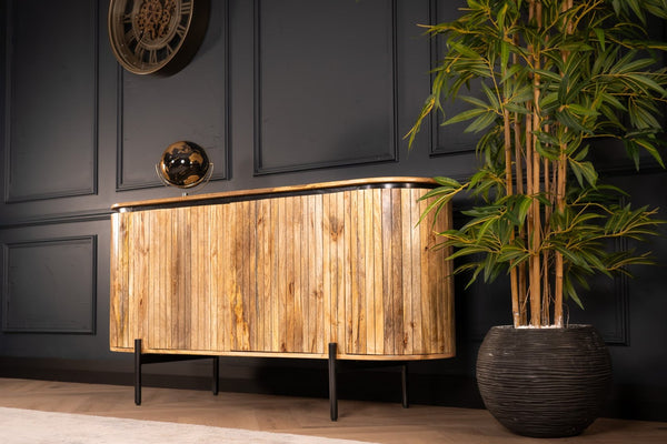 Reno Flute Art Deco Design Solid Mango Wood Sideboard with 4 Doors and Black Trim 160 cm