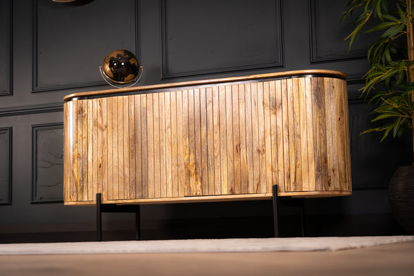 Reno Flute Art Deco Design Solid Mango Wood Sideboard with 4 Doors and Black Trim 160 cm
