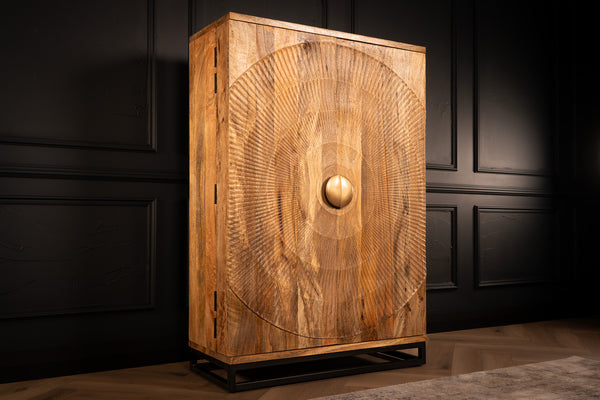 Sunset Handcrafted Mango Wood Bar Cabinet In Natural Brown and Black Metal Frame 140 cm