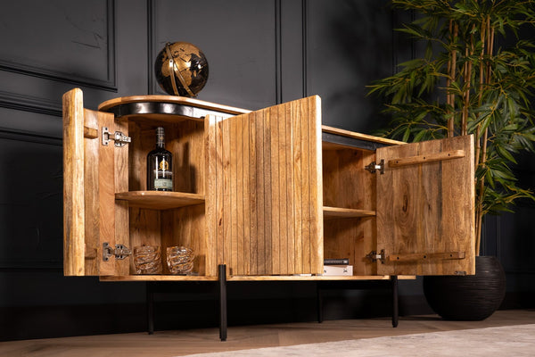 Reno Flute Art Deco Design Solid Mango Wood Sideboard with 4 Doors and Black Trim 160 cm