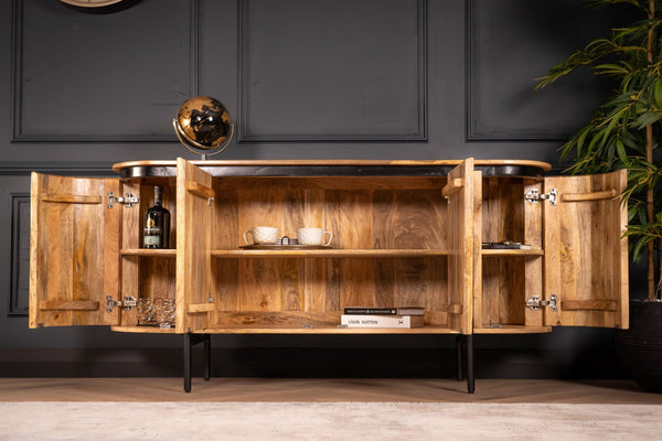 Reno Flute Art Deco Design Solid Mango Wood Sideboard with 4 Doors and Black Trim 160 cm