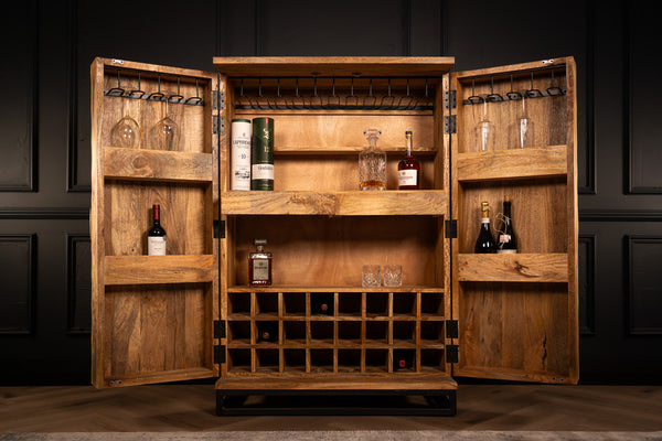 Sunset Handcrafted Mango Wood Bar Cabinet In Natural Brown and Black Metal Frame 140 cm