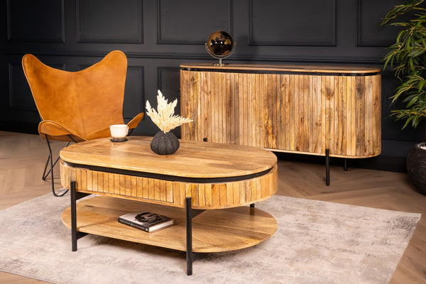 Reno Flute Art Deco Design Solid Mango Wood Sideboard with 4 Doors and Black Trim 160 cm