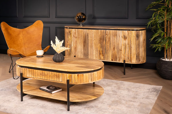 Reno Flute Art Deco Design Solid Mango Wood Coffee Table with Storage and one drawer 120 cm