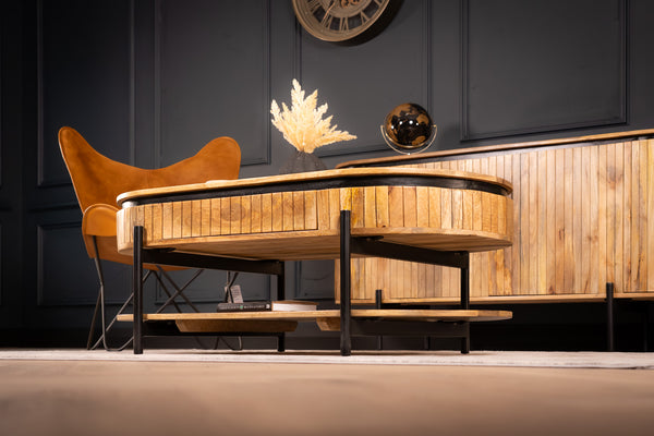 Reno Flute Art Deco Design Solid Mango Wood Coffee Table with Storage and one drawer 120 cm