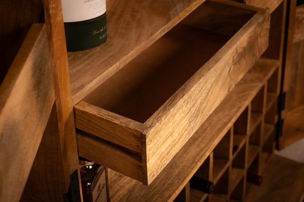 Sunset Handcrafted Mango Wood Bar Cabinet In Natural Brown and Black Metal Frame 140 cm