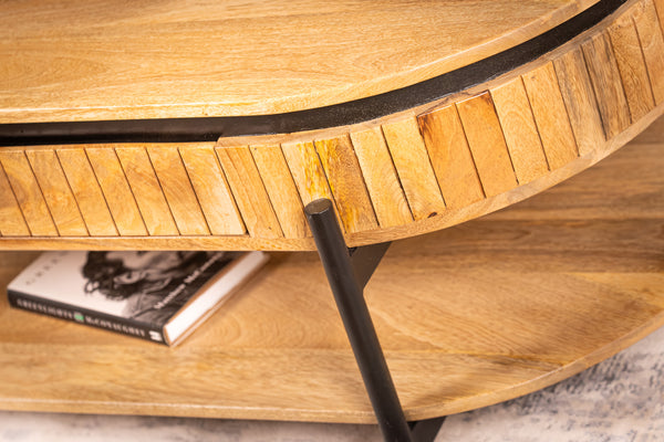 Reno Flute Art Deco Design Solid Mango Wood Coffee Table with Storage and one drawer 120 cm