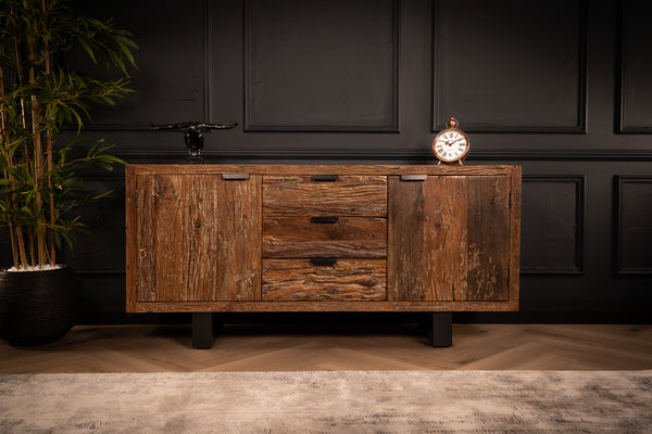 Forest Recycled Wood Sideboard With Black Steal Legs Two Doors Three Drawers 160 cm