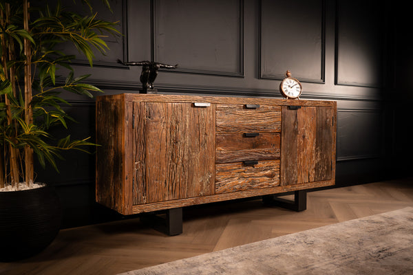 Forest Recycled Wood Sideboard With Black Steal Legs Two Doors Three Drawers 160 cm