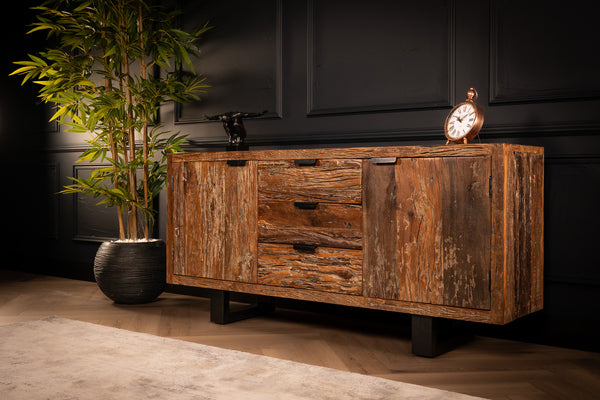 Forest Recycled Wood Sideboard With Black Steal Legs Two Doors Three Drawers 160 cm