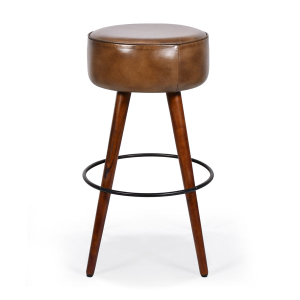 Genuine Leather Bar Stool Vintage Brown with Wooden Legs - Torino