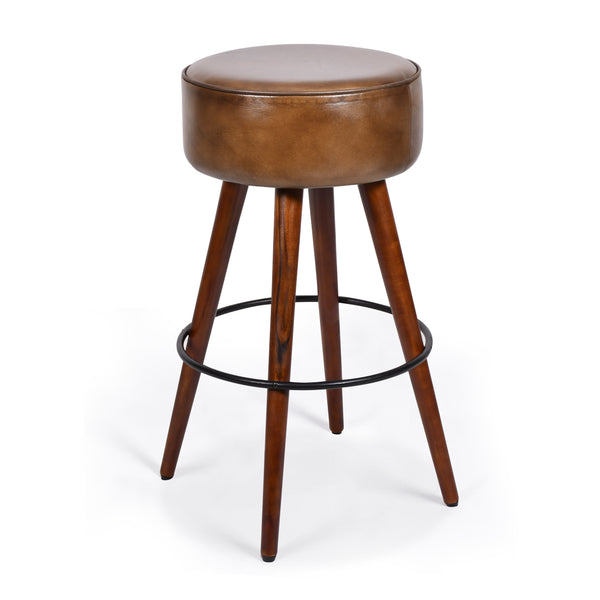 Genuine Leather Bar Stool Vintage Brown with Wooden Legs - Torino