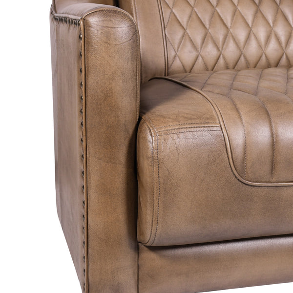 Chicago Club Genuine Leather 3 Seater Sofa in Brown with Wooden Legs 174cm