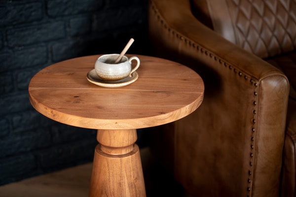 Solid Acacia Wood Side Table 40 cm with Sculptural Pedestal Base – Aria
