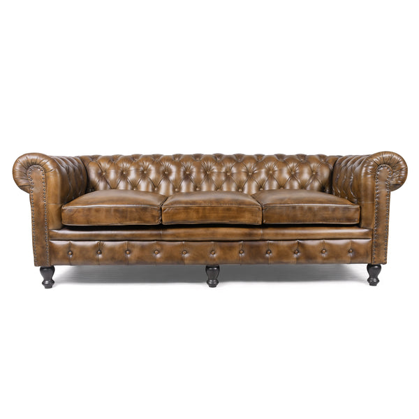 Stratford Chesterfield Genuine Leather 3 Seater Sofa in Antique Brown with Black Wooden Legs 216 cm