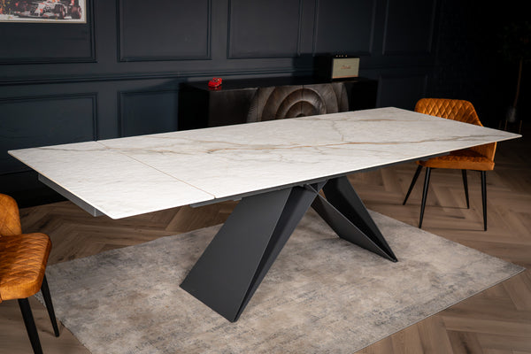 Apollo Extendable Italian Sintered Stone Dining Table in White Concrete Gold Marble Look 180-220-260 cm