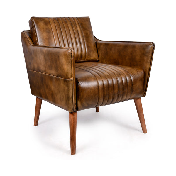 William Genuine Leather Armchair in Antique Brown with Wooden Legs