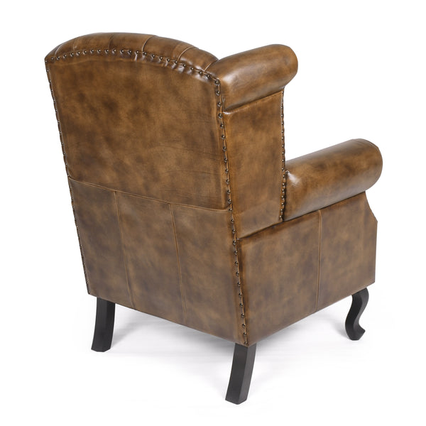 Wellington Chesterfield Genuine Leather Armchair in Antique Brown with Wooden Legs