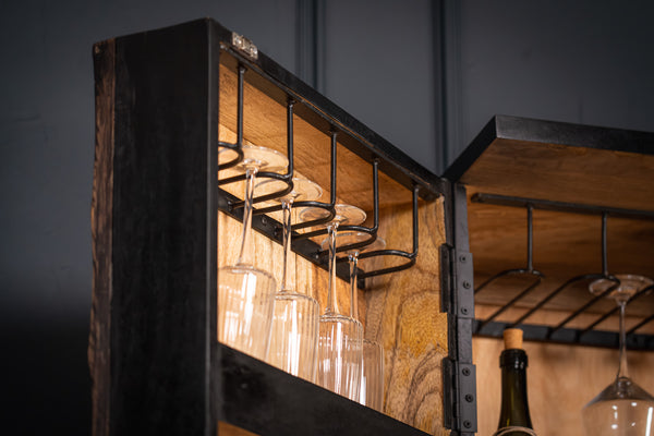 Sunset Handcrafted bar cabinet black gold solid mango wood metal frame 140 cm