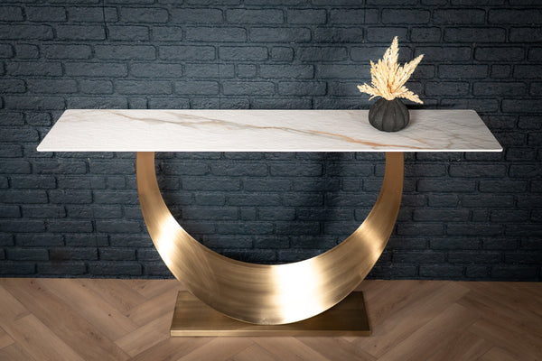 Cetona Italian Sintered Stone Console Table in White Concrete Gold Marble Look 160 cm