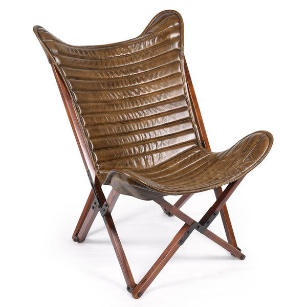 Butterfly Retro Style Genuine Leather Lounge Chair in Antique Brown with Wooden Foldable Frame