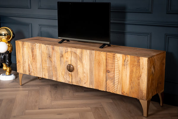 Sunset Handcrafted TV unit lowboard natural brown gold solid mango wood metal feet 180 cm