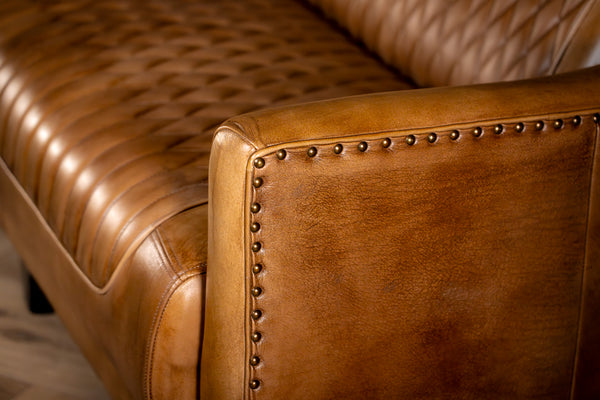 Chicago Club Genuine Leather 3 Seater Sofa in Brown with Wooden Legs 174cm