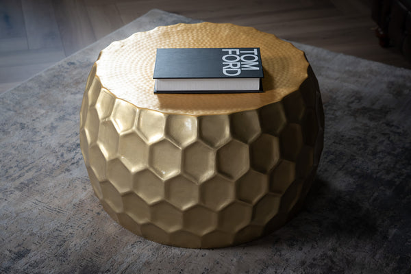 Round coffee table ORGANIC ORIENT 70cm gold metal hammered 3D design handmade