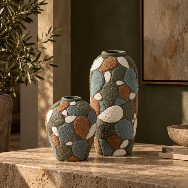 Green & Earth Tone Handmade Ceramic Vase - 24cm
