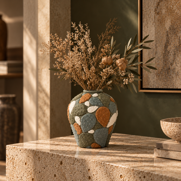 Green & Earth Tone Handmade Ceramic Vase - 24cm