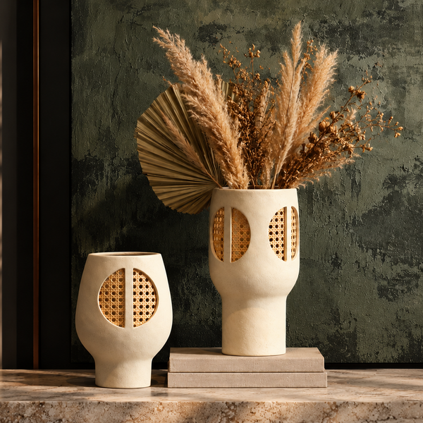 Beige Ceramic & Bamboo Vase - 36cm