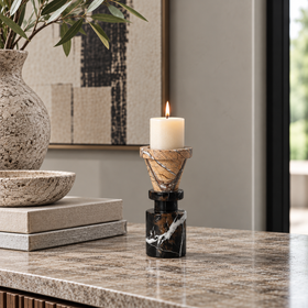 Black & Brown Marble Candlestick - 18 cm